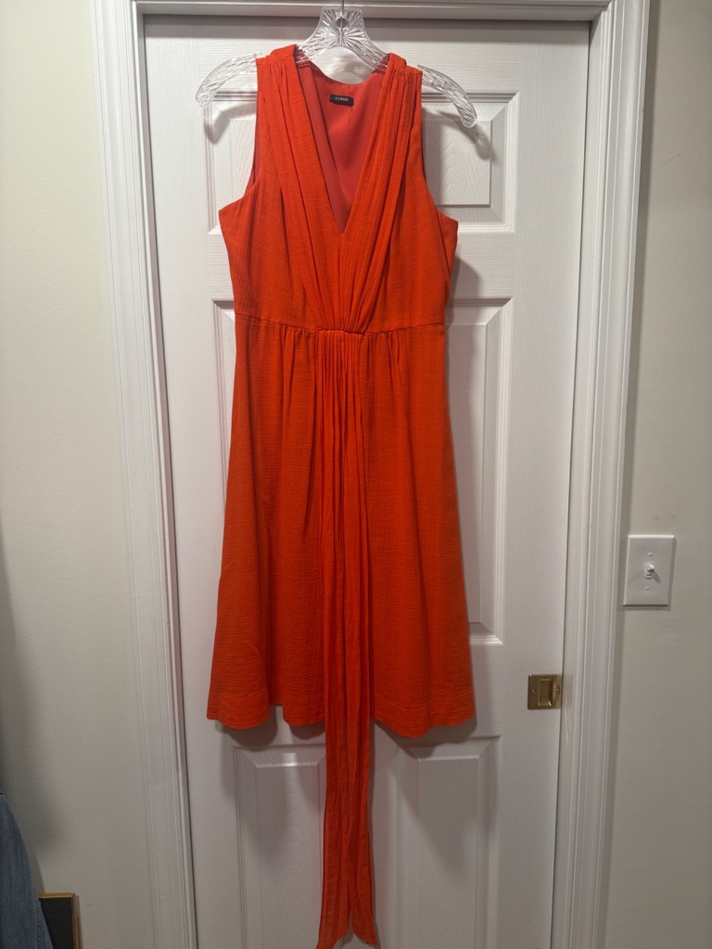 J. Crew Bright Orange Sleeveless V-Neck Linen Midi Dress
